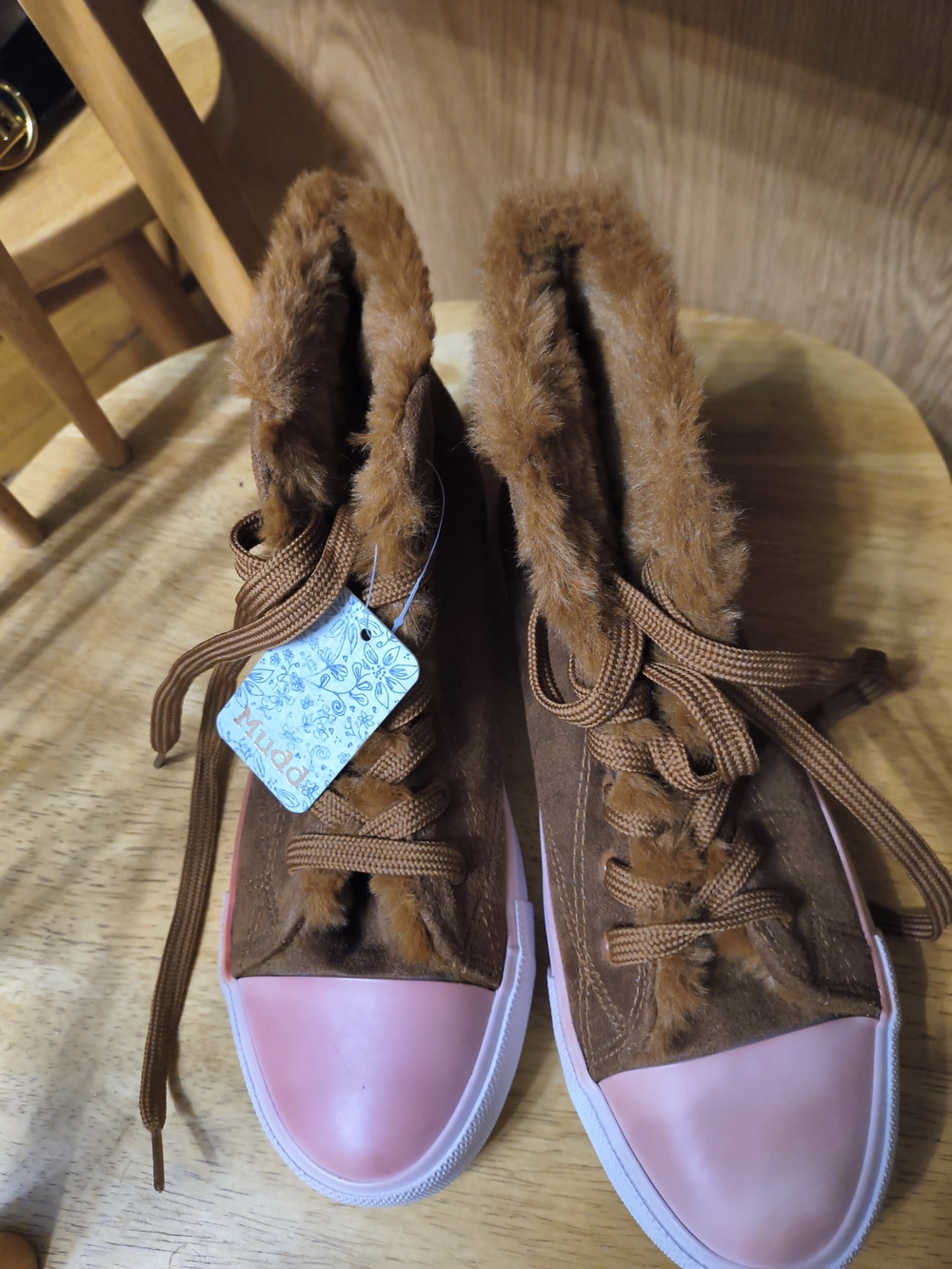 Mudd Women’s Brown Faux-Fur High-Top Sneakers with Pink Toe